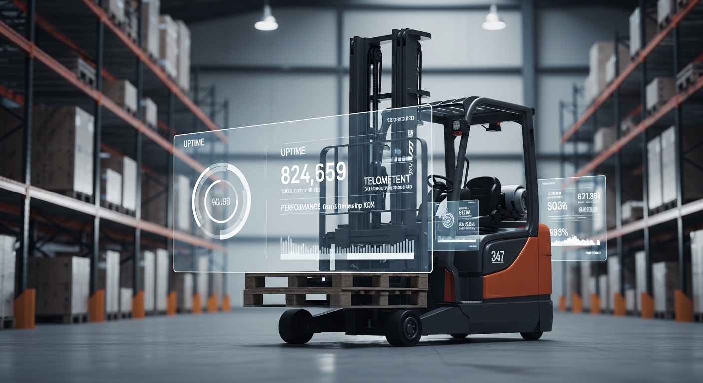 Empilhadeira em galpão logístico com indicadores de telemetria flutuantes