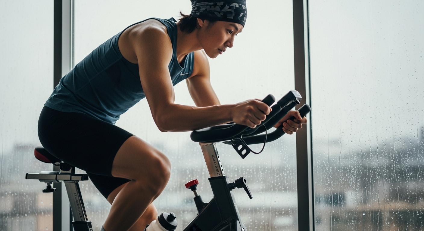 Pessoa praticando spinning em bike estacionária em casa durante chuva