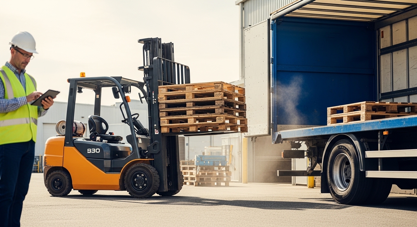 Empilhadeira locada carregando pallets em pátio industrial com gerente conferindo tablet