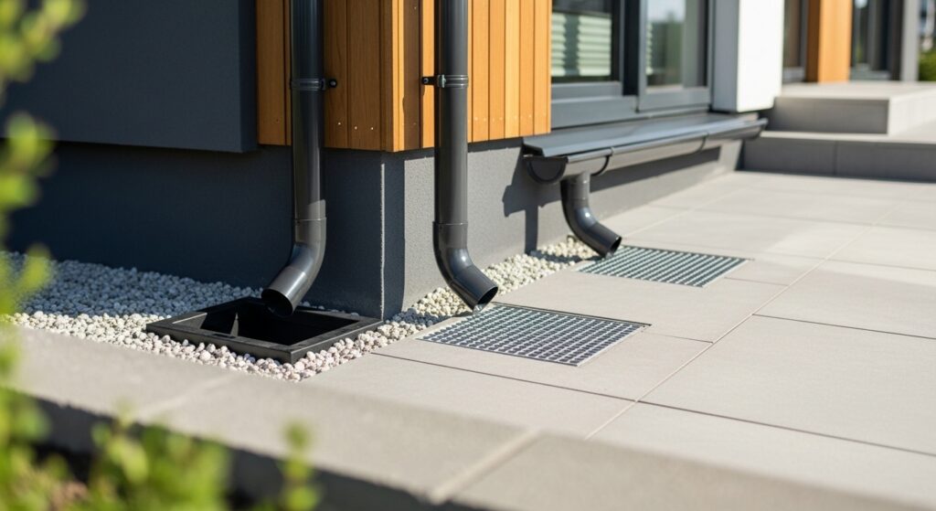 Detalhe de calhas, ralos e caixa de drenagem em fachada de casa moderna preparada para chuvas