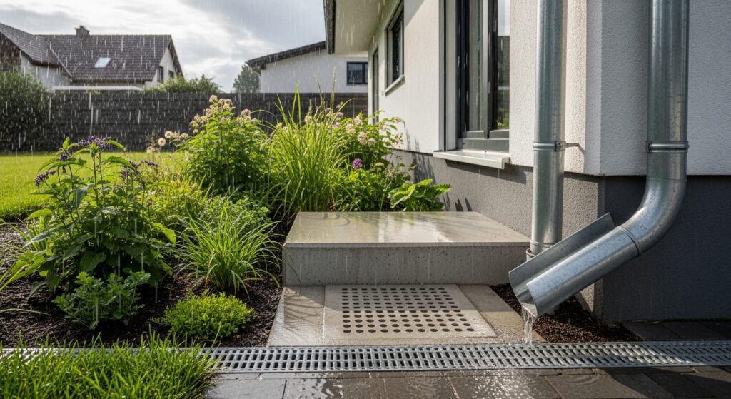 Casa com sistema de drenagem pluvial durante chuva leve