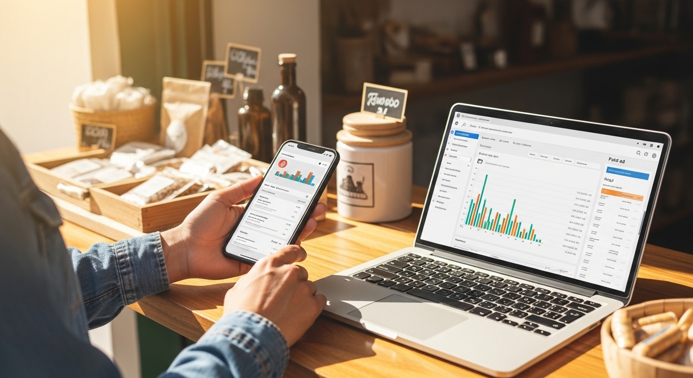 Empresário de Piracicaba usando celular e notebook para marketing digital na loja