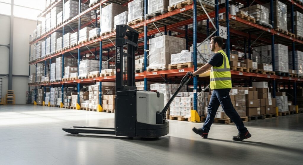 Trabalhador manobrando transpaleta elétrica em armazém organizado