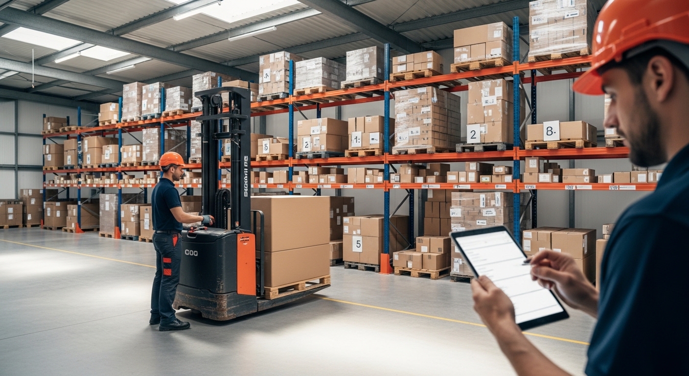 Operador de empilhadeira elétrica em armazém organizado