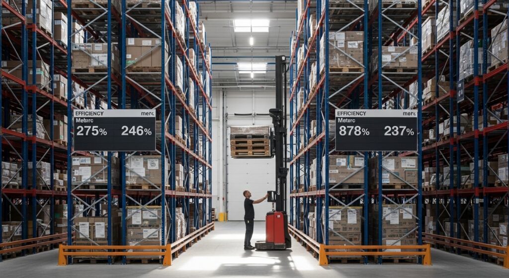 Operador de empilhadeira retrátil recupera carga em corredor estreito de armazém