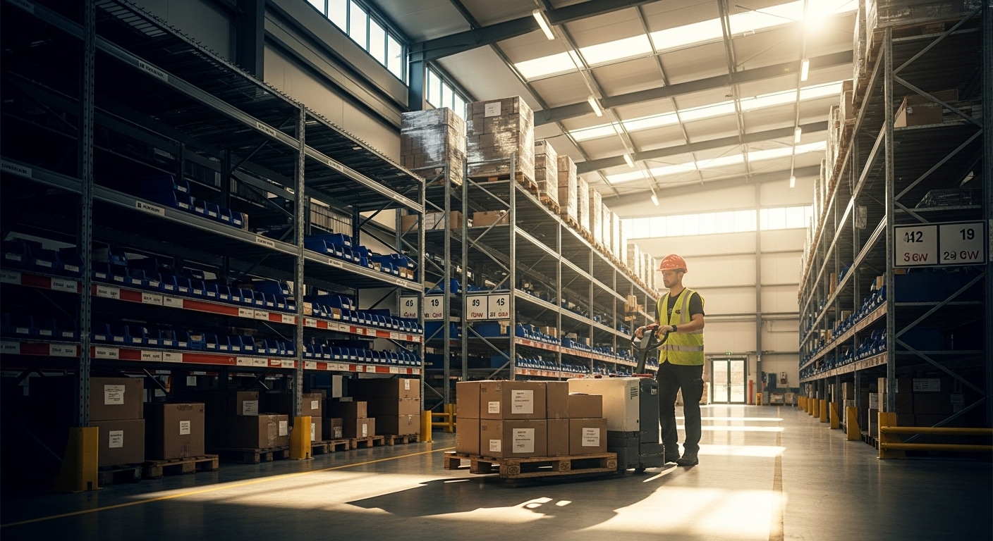 Operador usando paleteira elétrica em armazém organizado e iluminado