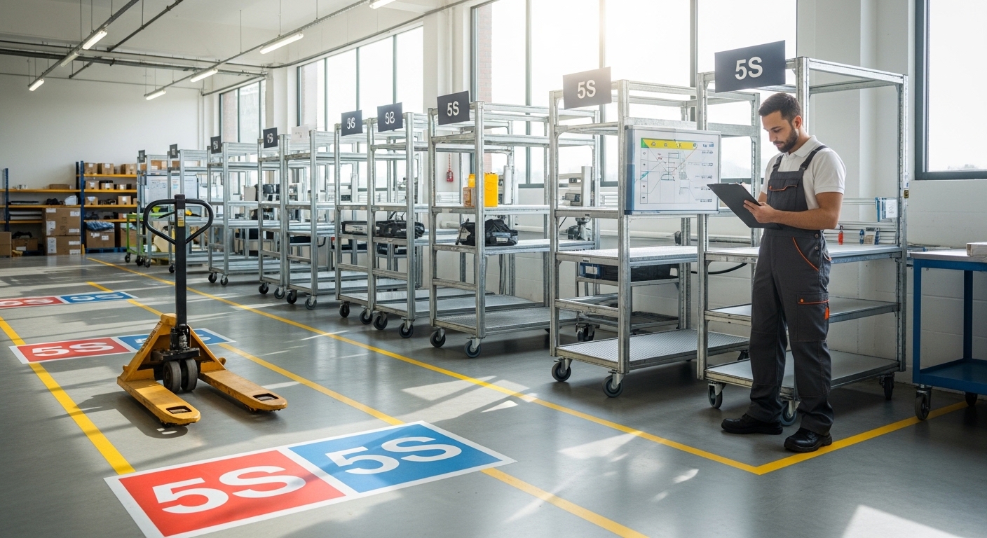 Funcionário em armazém organizado usando checklist para otimizar estoque