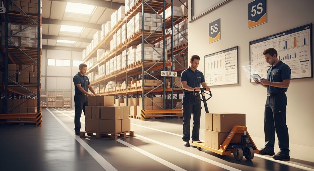 Equipe usando transpaleteira manual em galpão organizado