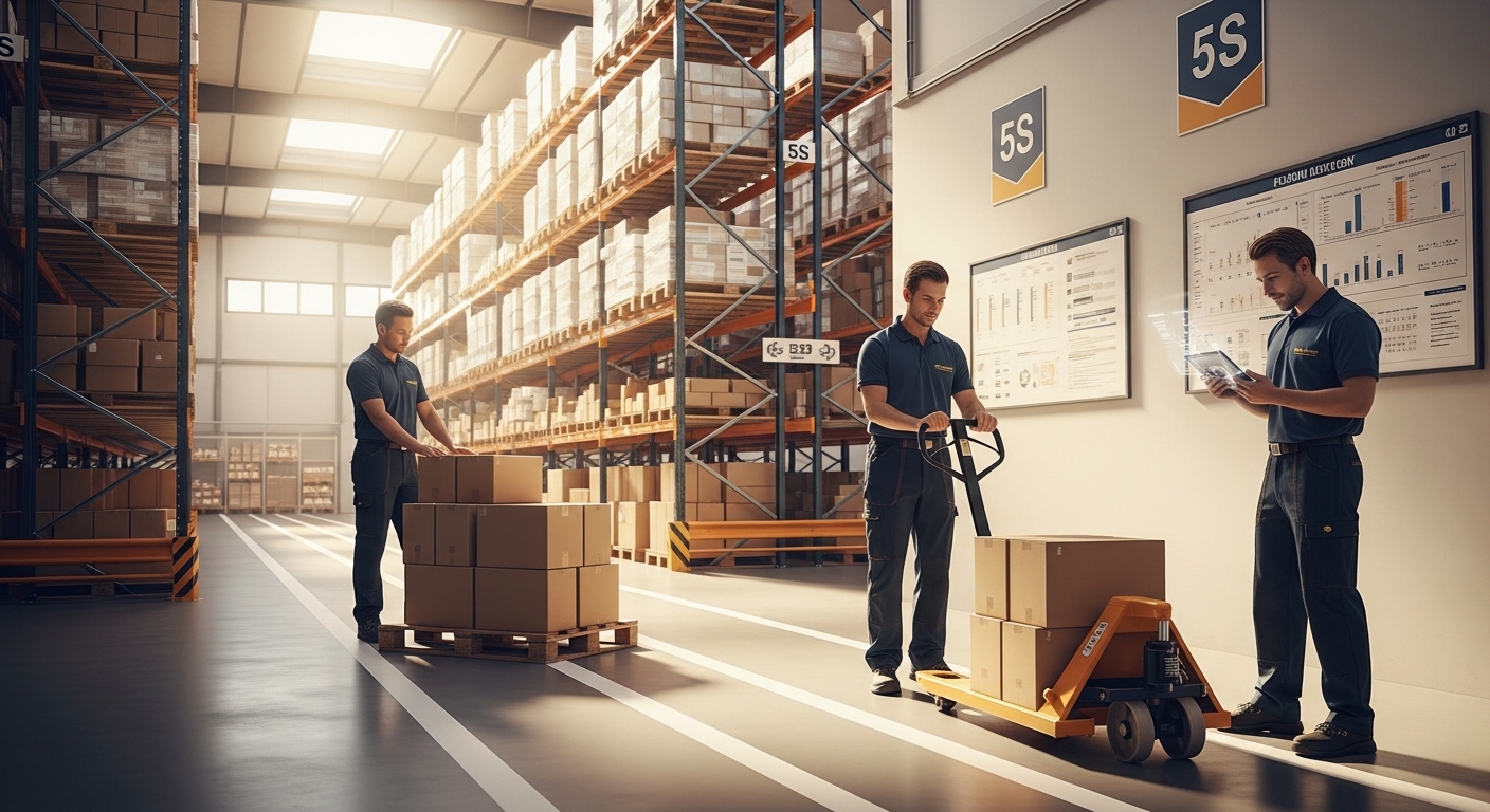 Equipe usando transpaleteira manual em galpão organizado