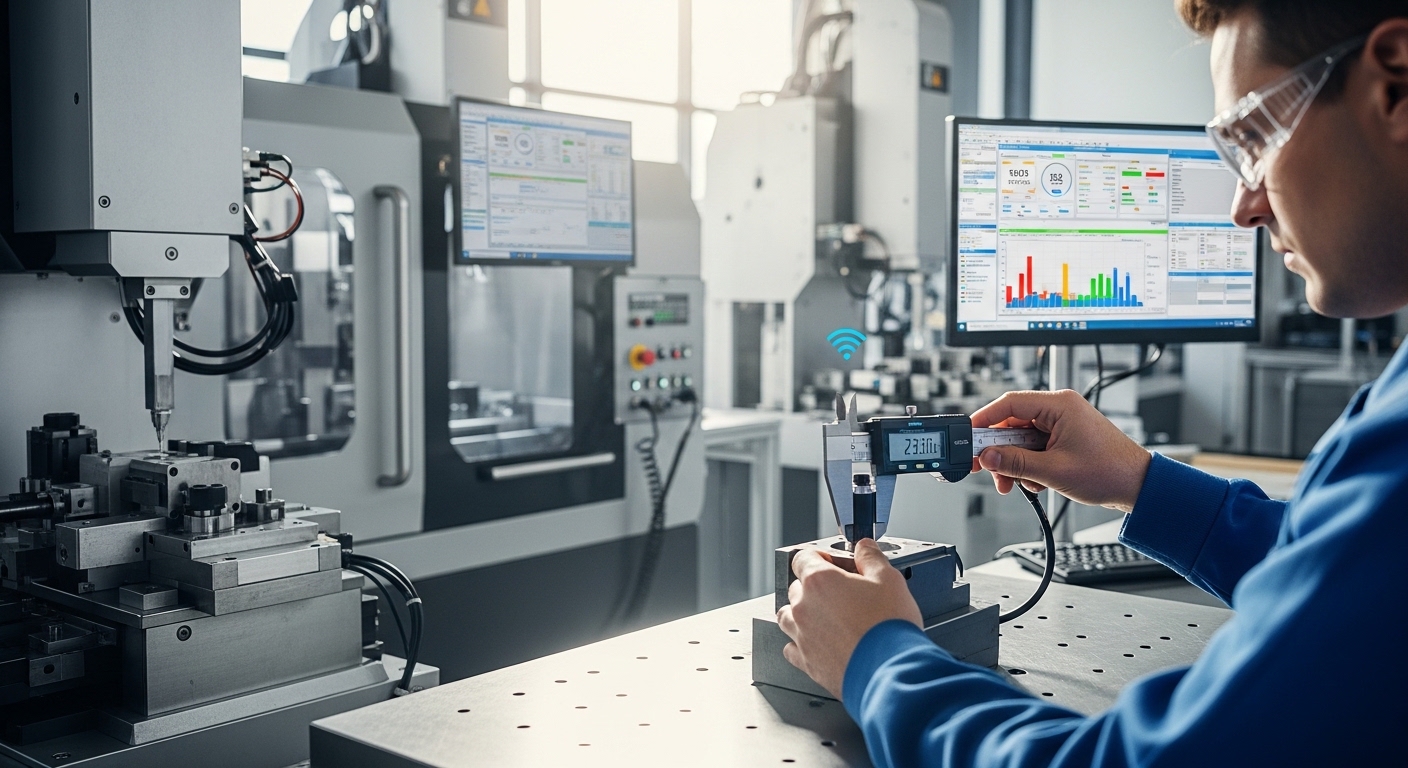 Técnico calibrando paquímetro digital com sensor em fábrica moderna
