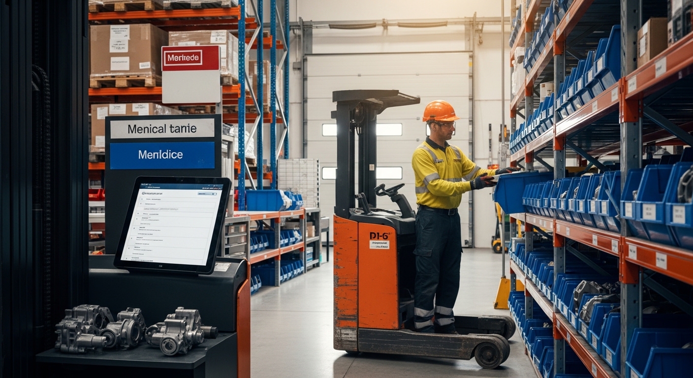 Operador de empilhadeira retira peça crítica de estoque organizado em armazém industrial.