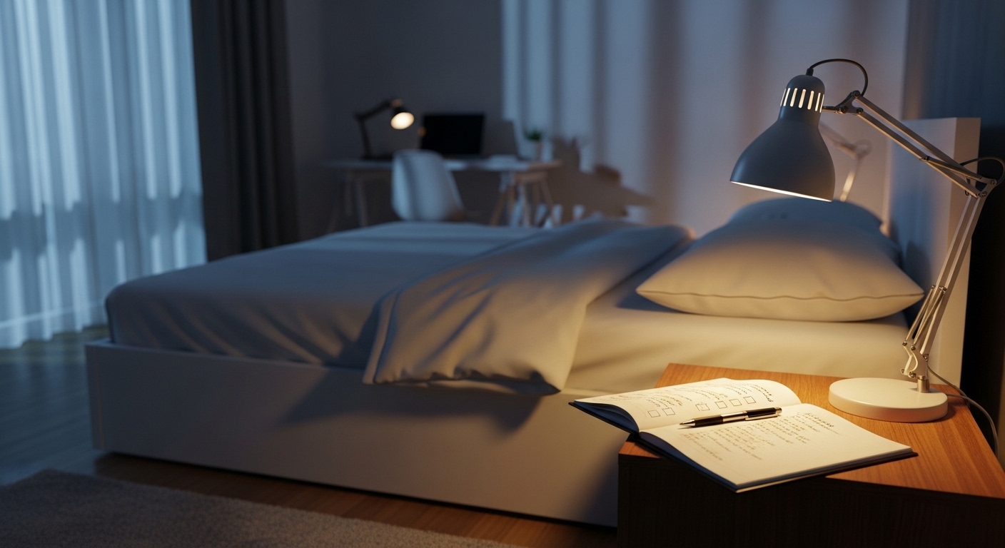 Quarto organizado à noite com cama box e checklist noturno