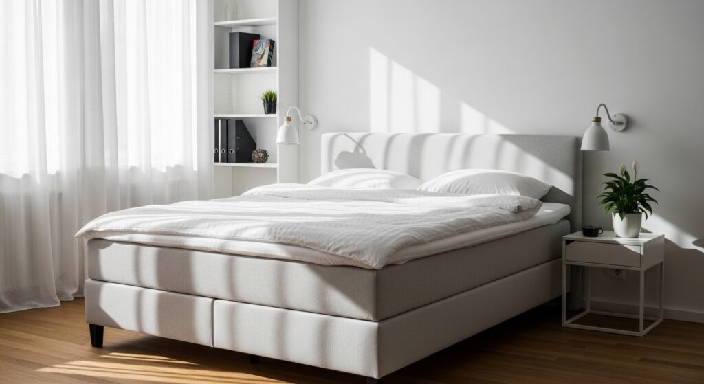 Quarto minimalista organizado com cama box e luz natural