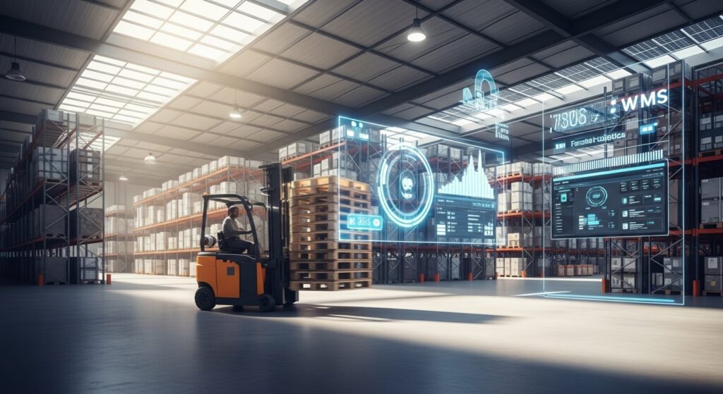 Empilhadeira elétrica em armazém moderno com dados telemétricos e energia limpa