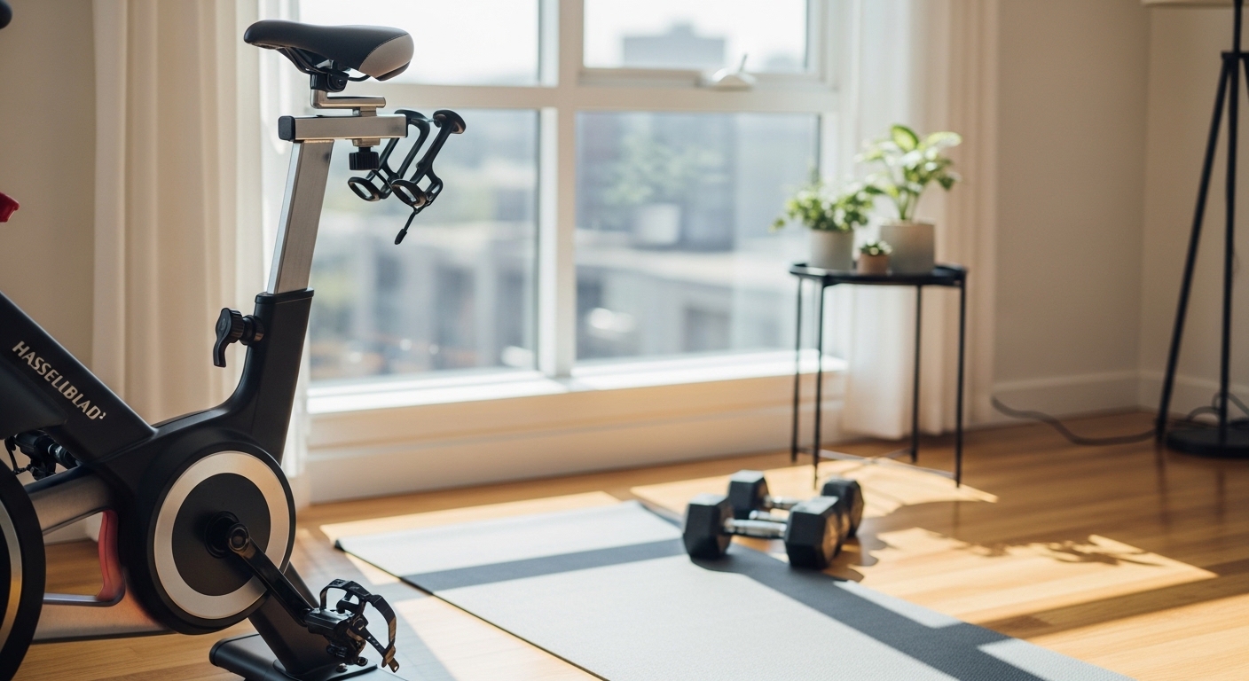 Canto de treino em casa com bicicleta ergométrica, colchonete e halteres iluminado por luz natural.