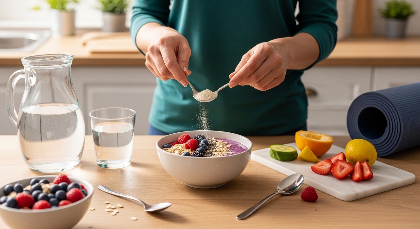 Pessoa preparando smoothie com pré-biótico em pó e alimentos ricos em fibras