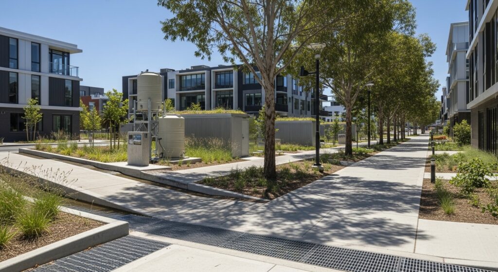 Infraestrutura urbana resiliente com calçadas permeáveis e telhados verdes