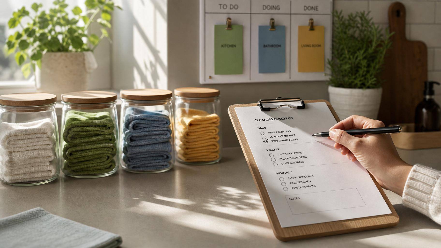 Bancada de cozinha organizada com checklists e panos multiuso em potes de vidro