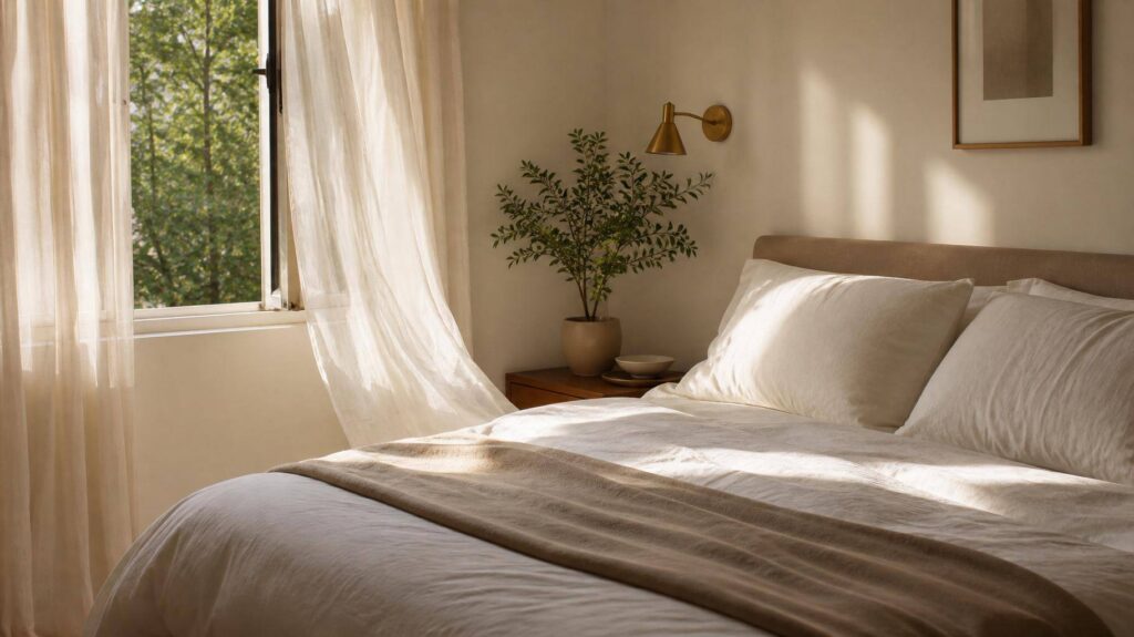 Quarto minimalista iluminado pela luz natural com cama confortável