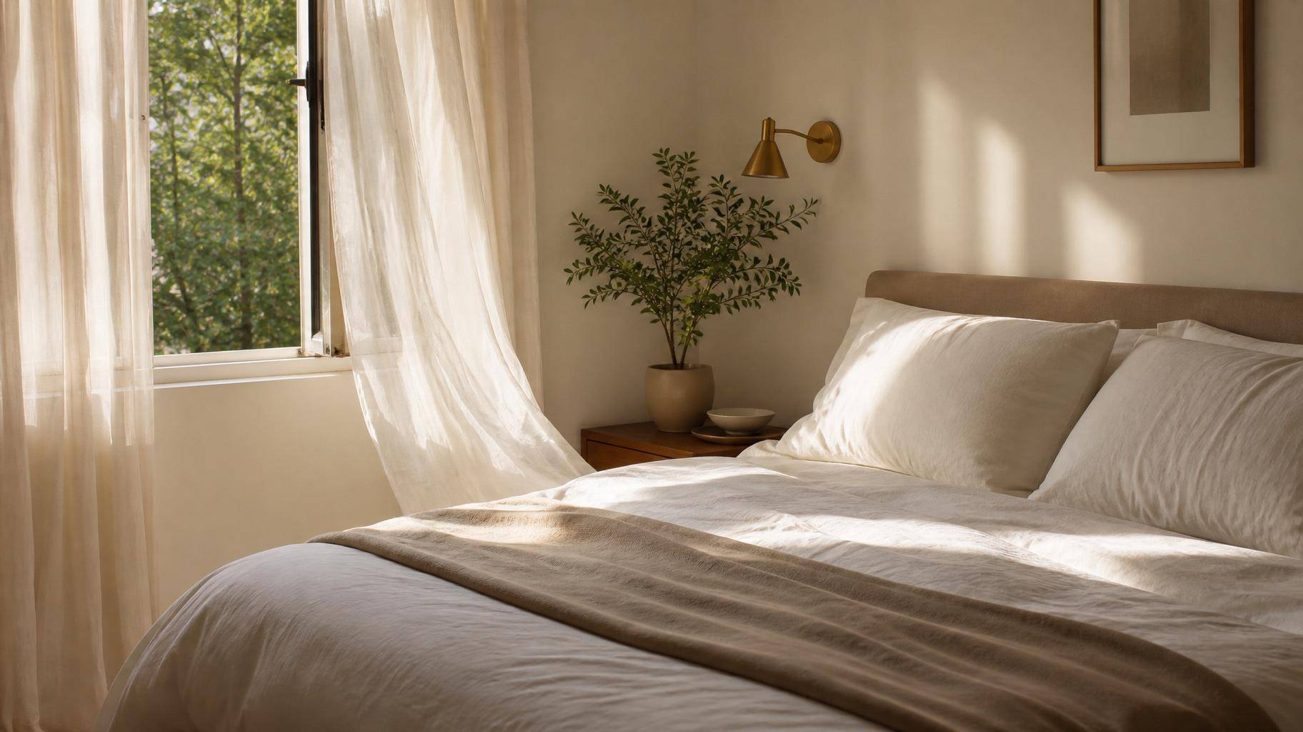 Quarto minimalista iluminado pela luz natural com cama confortável